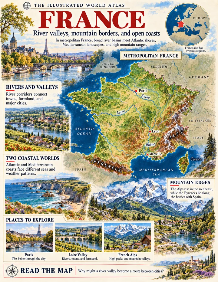 France illustrated atlas page with maps and landscapes