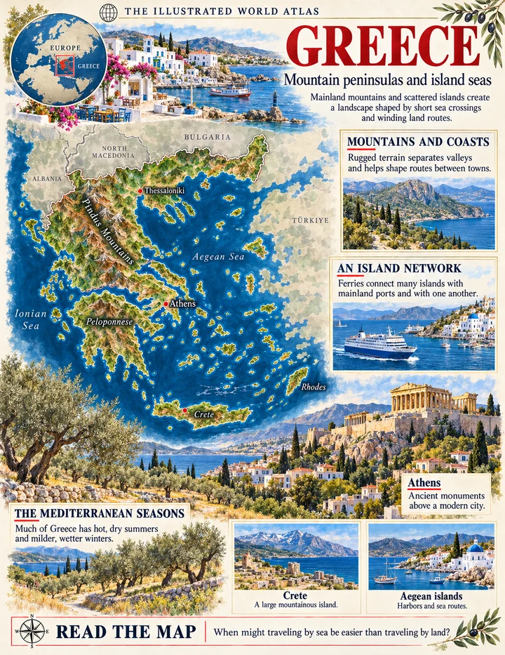 Greece illustrated atlas page with maps and landscapes