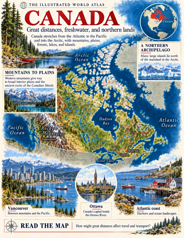 Canada illustrated atlas page with maps and landscapes