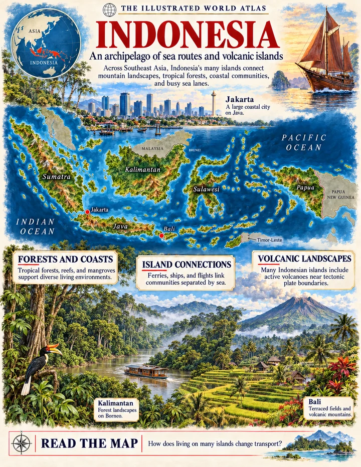 Indonesia illustrated atlas page with maps and landscapes
